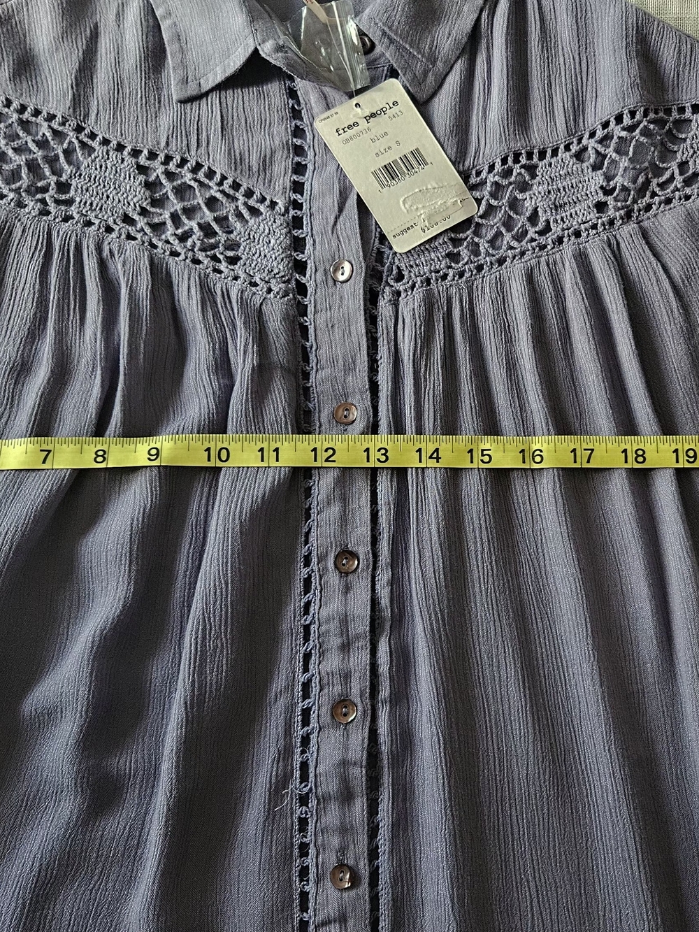 NWT Free People Blue Crochet Inset Button Down Gauze Blouse Boho Top Size S - Picture 12 of 14